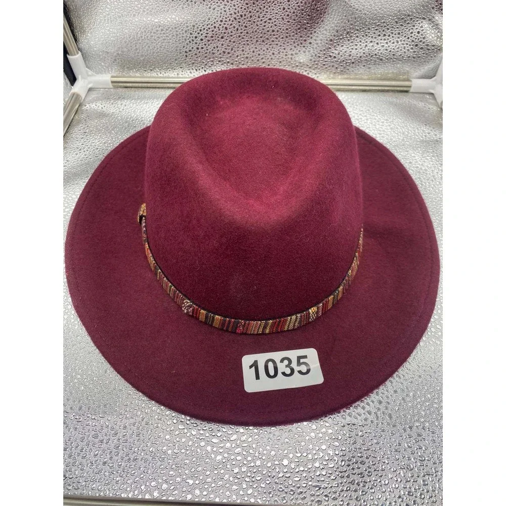 Unbranded‎ Fedora Women OS Burgundy Wool Felt Wide Brim Tribal Band Boho Western